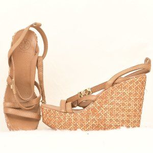 NWOT Tory Burch Dalcin Wicker Platform BOHO Leather Strappy Wedge Size 9.5